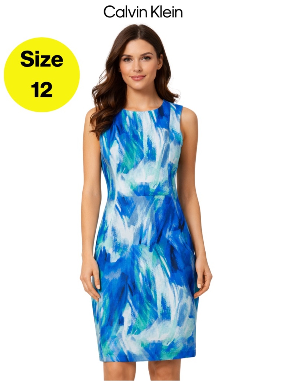 CALVIN KLEIN 🤍 Aqua Abstract Midi Scuba Sheath Dress (Women’s Size 12)